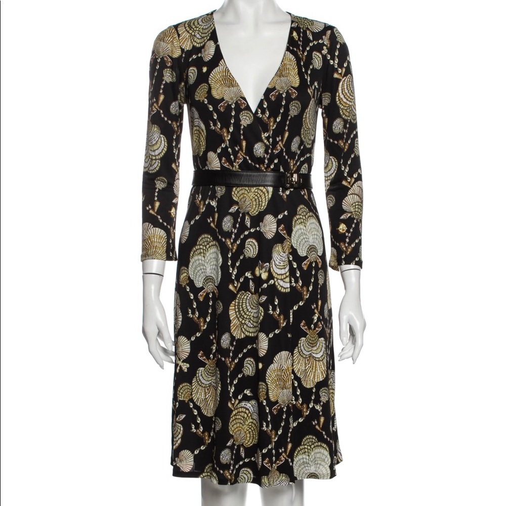 Gucci 3/4 Sleeve Print Knee Length Faux Wrap MIDI Dress